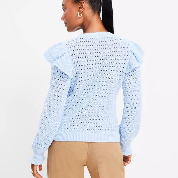 Ann Taylor LOFT Blue Pointelle Lace Knit Ruffle Feminine Long Sleeve Sweater NWT - Picture 7 of 10